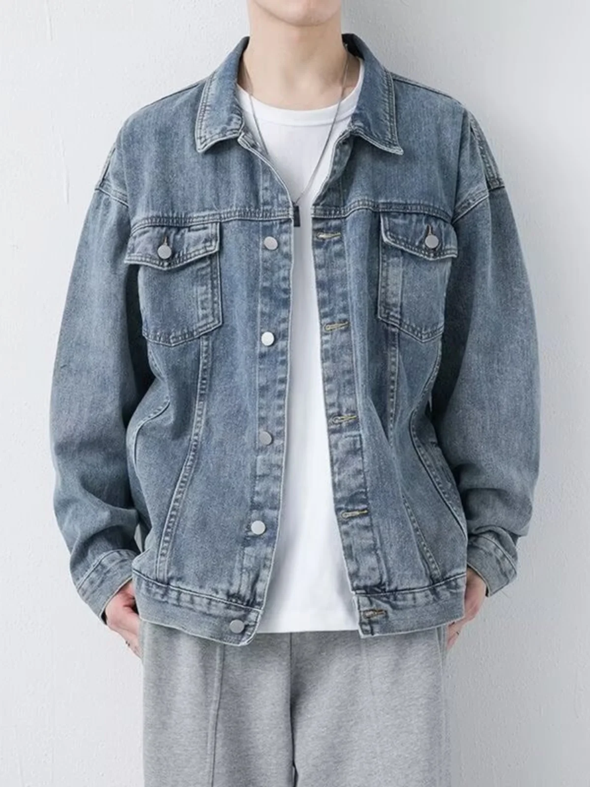 

Мужская повседневная рабочая одежда Waed Denim Jaet, весенняя верхняя одежда, классический воротник-стойка с несколькими карманами, длинный све, молодежная мода