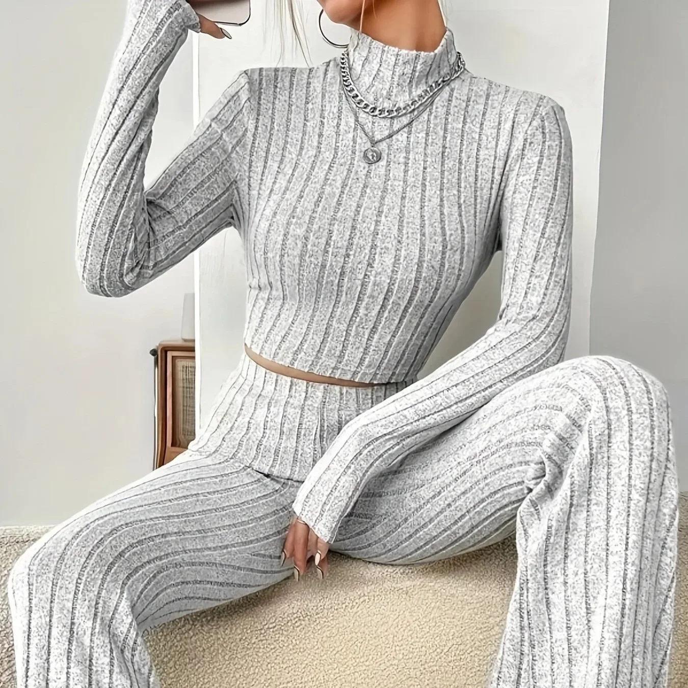 

CPSYMYM Autumn New Cross border Amazon Knitted Long Sleeve Set Hoodie Loose Pants Two Piece Set