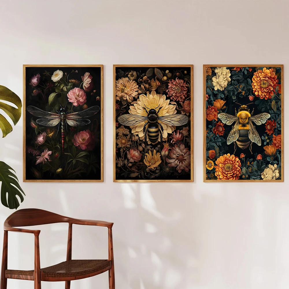 1PC/3PCS Flowers Bee Dragonfly Insect Posters Canvas Painting Retro Animal Floral Wall Art for Home Living Room Bedroom Decor