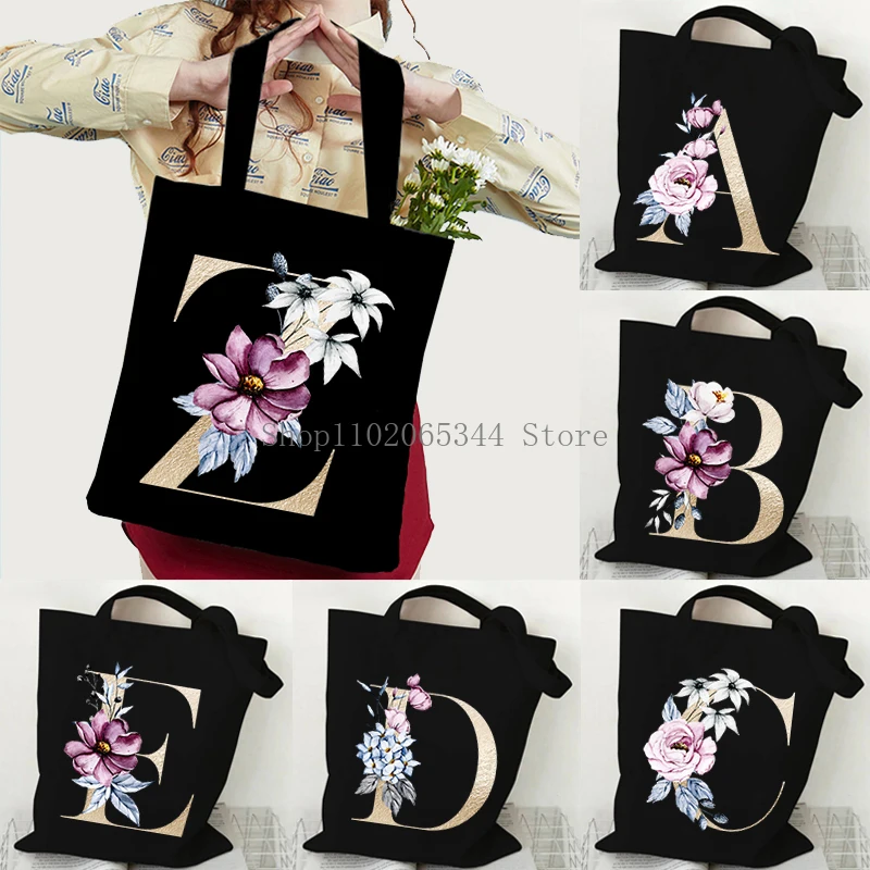 26 Initial Letter Rose Totes Bags Vintage A-Z Alphabet Women's Handbags Portable Ladies Shopping Bag Beach Travel Shoulder Bag