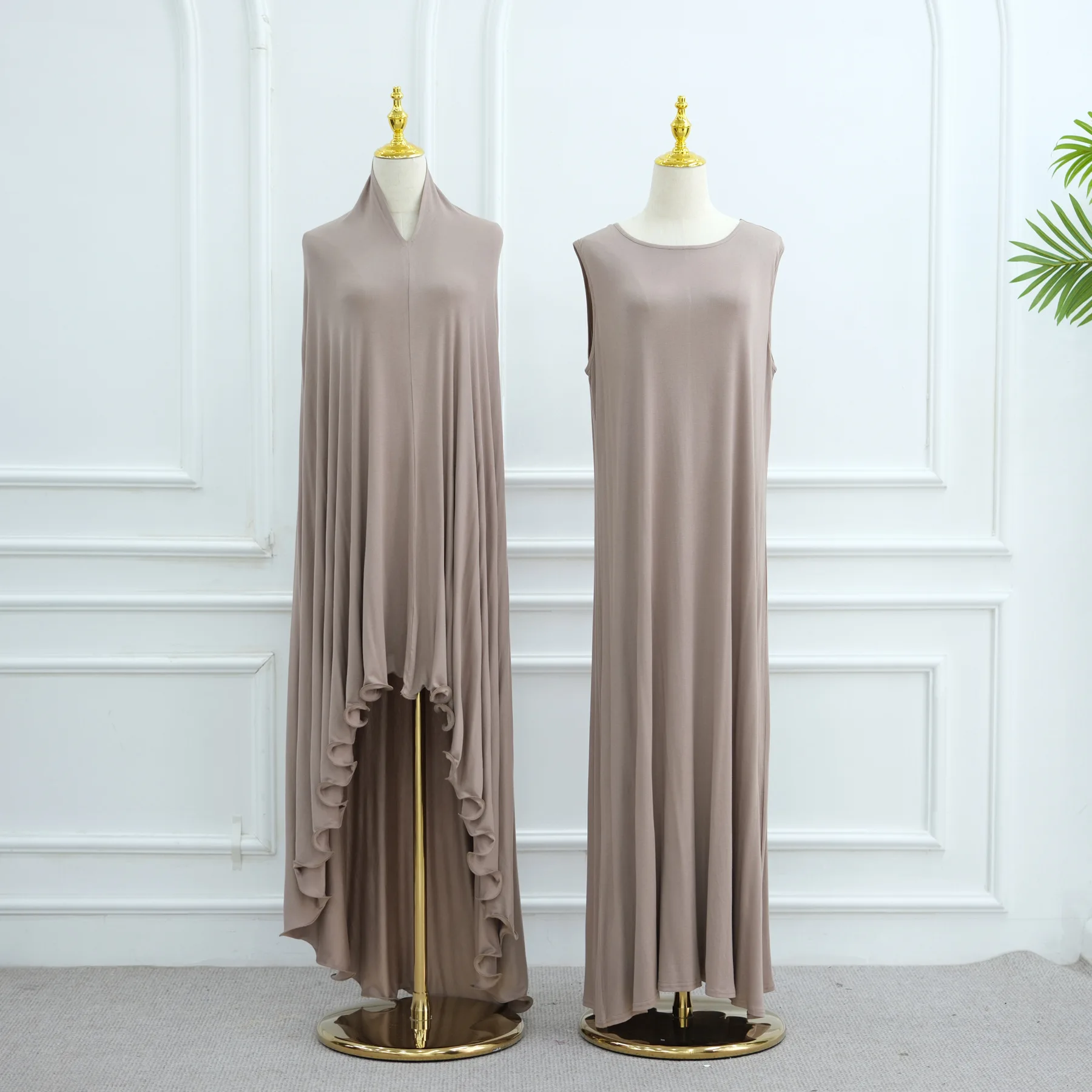 2025年 ツーピース礼拝用アバヤセット インナー ノースリーブドレス ジャージーロングヒジャブ キマール付き 伝統的なムスリム女性用アバヤセット