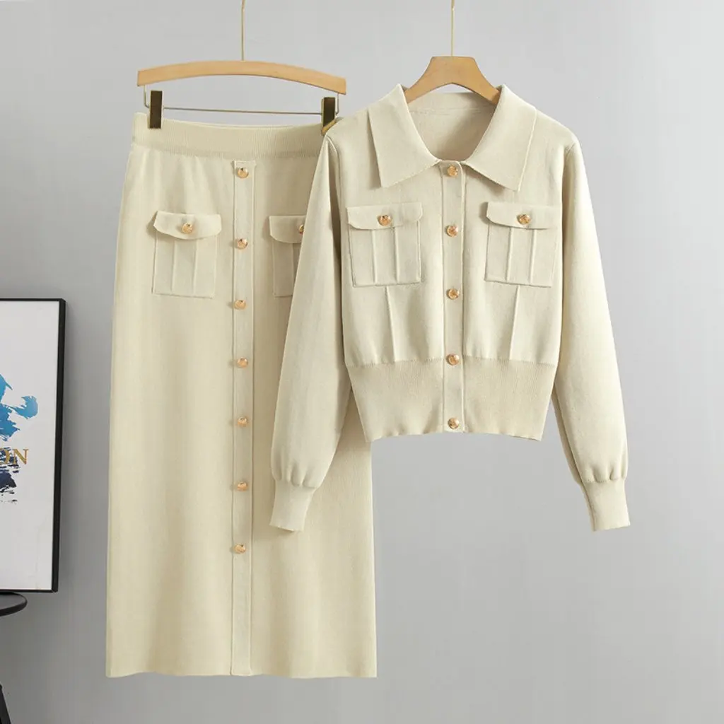 

Французский высококачественный вязаный костюм для женщин, милый нежный стиль, свитер, юбка, комплект из двух предметов, весна-осень, Новое поступление