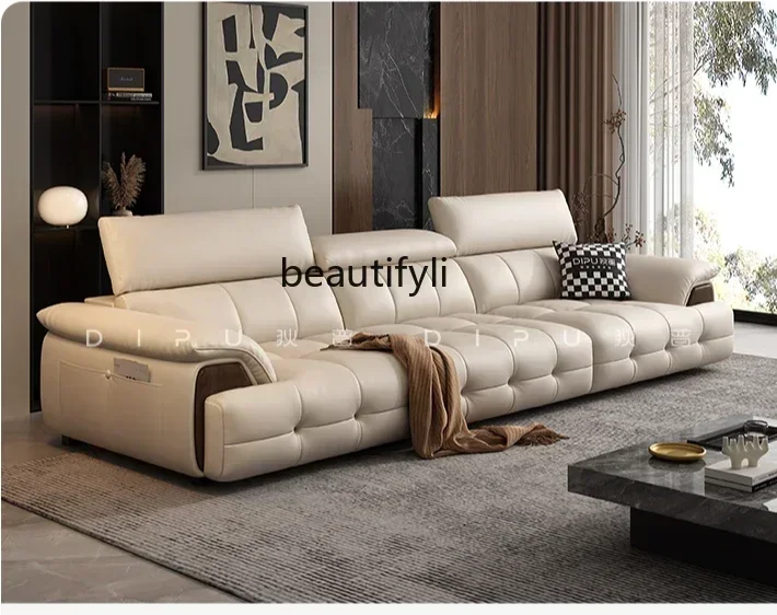 New style   Leather sofa modern simple first layer cowhide straight row living room light luxury leather sofa combination