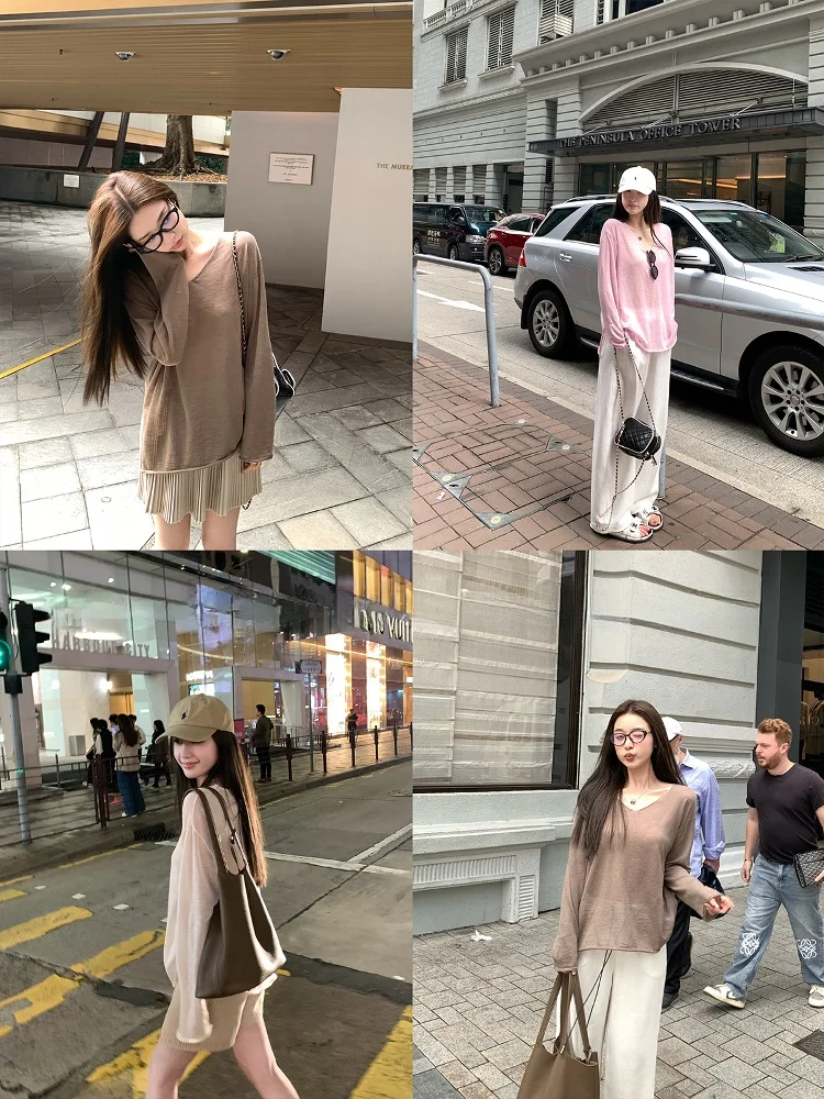 

Летний тонкий вязаный топ Lin2 с V-образным вырезом, женская свободная драпированная футболка средней длины в корейском стиле из смесового хлопка