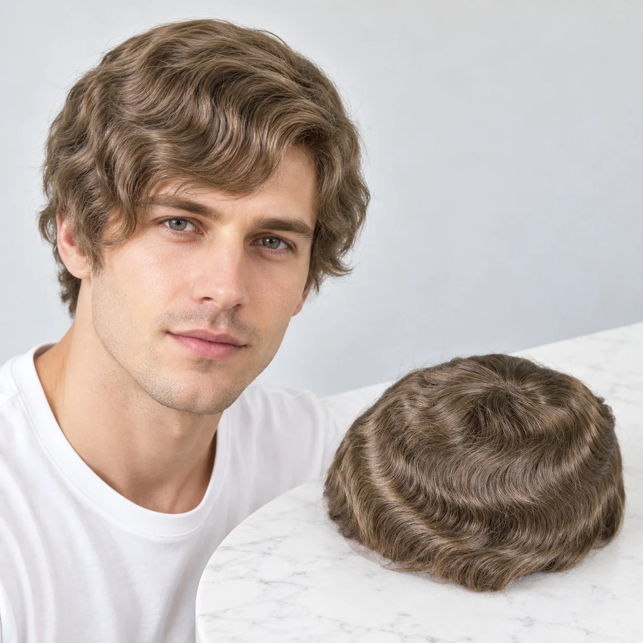Men's European Human Hair Toupee, 8x10 Inch, 6 Inch Length, Light Brown 4#, 38mm Wave, Swiss Lace & PU Base