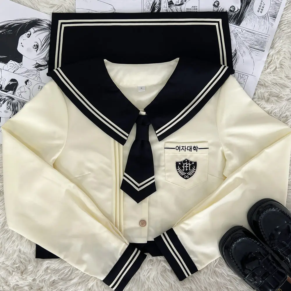 Korea Uniform College Stijl Lange Mouwen Shirt Pak Geplooide Rokken Sets Meisjes Schattige Matroos Uniformen Kostuums Japanse School