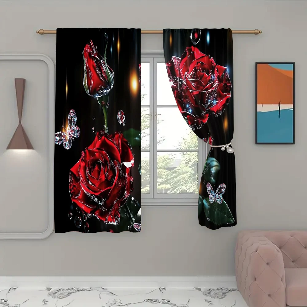 2Pcs Valentine'S Day Romantic Red Rose Curtains Light-Filtering Kitchen Living Room Office Bedroom Home Decoration D