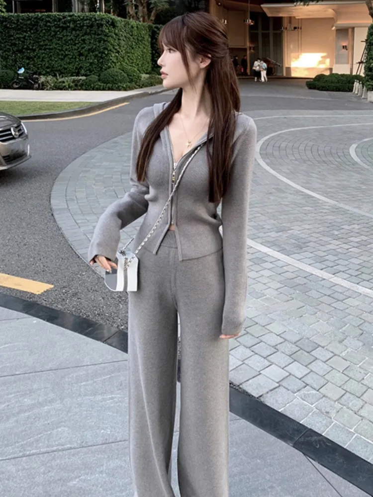 Women Fashion Slim Knitted Tracksuits 2 Piece Set Autumn Winter Casual Hooded Zip-up Short Coat Trousers Outfits Femme Clothing