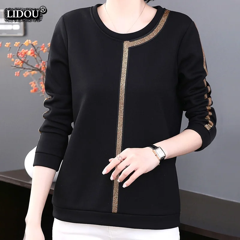 

Office Lady Solid Color Patchwork Fashion O-neck Skinny Long Sleeved T-shirt Tops Spring Autumn Simple All-match Women Clothing