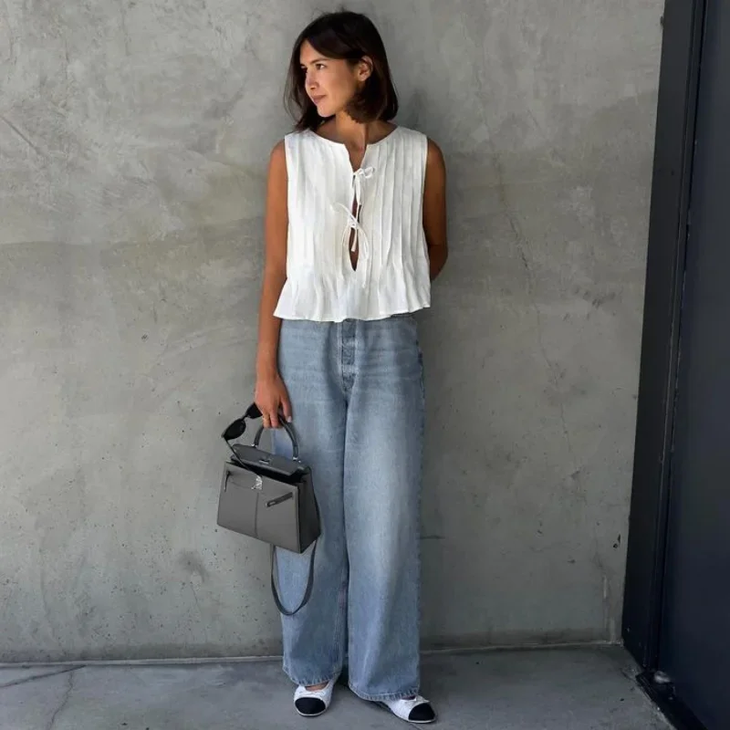 Linen Cotton Pleated Lace Up Sleeveless Short Shirt Blouse Women Slim Waist Crop Top Female Pleated Shirts 2024 New White