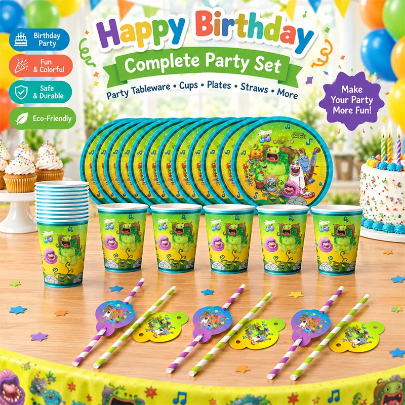 My Singing Monsters Cartoon-Animations-Thema Kuchenflaggen-Wirbel Strohhalme Alles Gute zum Geburtstag Party-Deko Zubehör – Detail 1