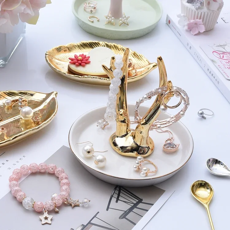 Golden Antlers Ceramic Jewelry Plate, Leaf Dish, Storage Display, Small Rack, Rings, Bracelets, Earrings Tray Holder