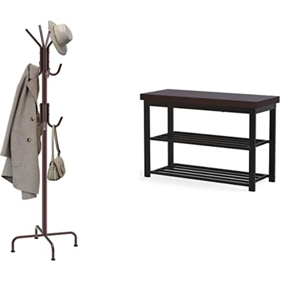 Standing Coat and Hat Hanger Organizer Rack + Shoe Storage Bench