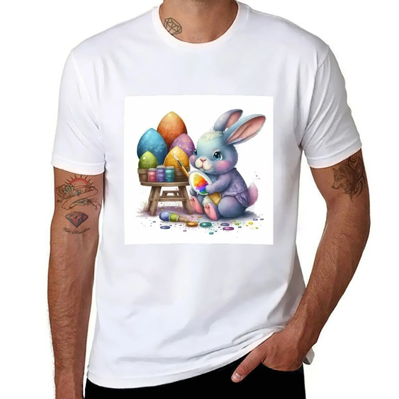 

Cute Cartoon Bunny Painting Colorful Easter Eggs T-Shirt black cotton t-shirt plain for man package t shirts cotton 100% T-Shirt