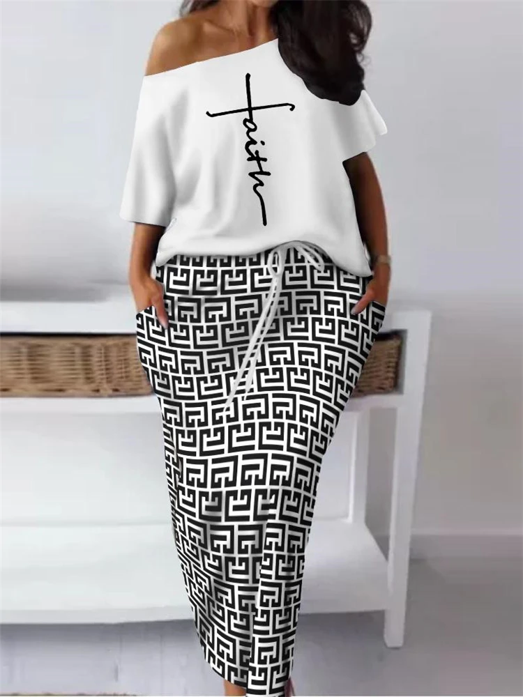 Faith Geometric Print Casual Top & Skirt Set