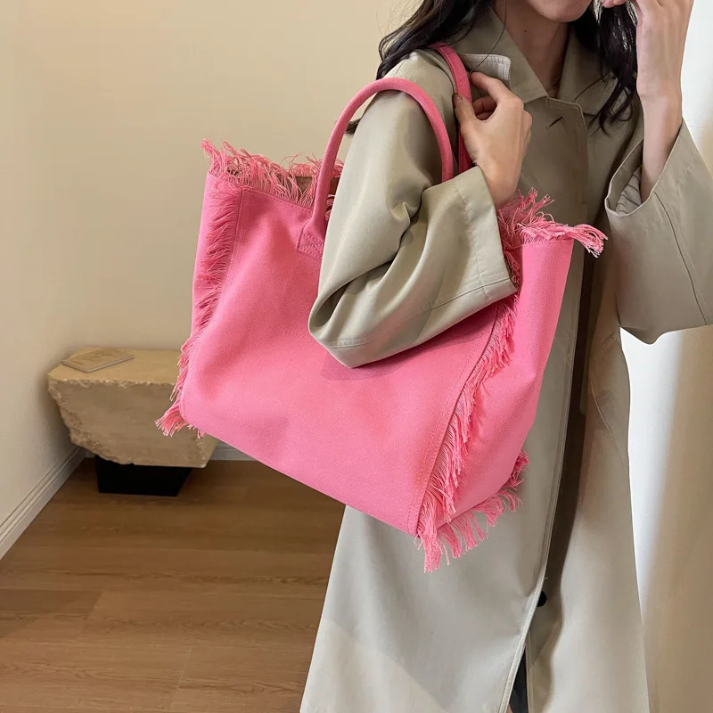 Custom Print Logo Frayed Fringe Canvas Tote Bag Large Capacity Raw Edge Trim Vintage Casual Shoulder Handbag For Women Beach