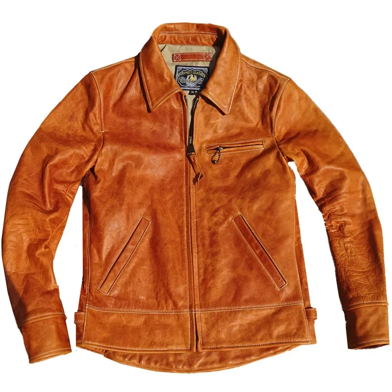 

Men's Leather Jacket Horsehide Short Slim Fit Amber Biker Winter Autumn Wear Vintage Clothes