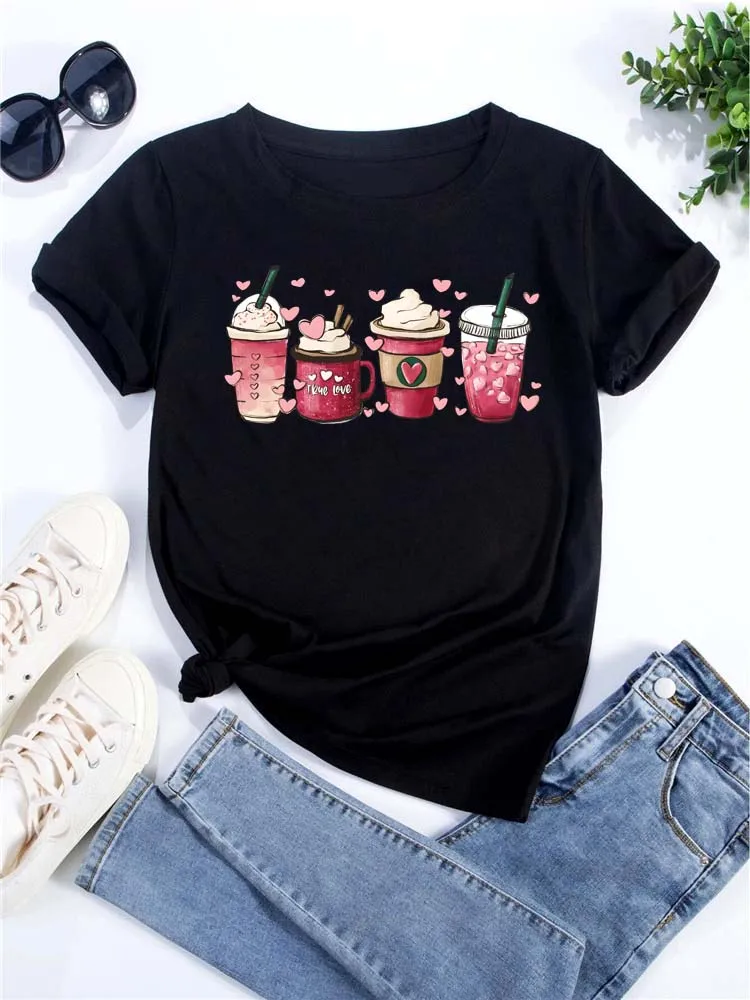 Maycaur Women's Oversized T-shirt Tee Korean Fashion Coffee Cup Print Graphic Female Clothes Valentine's Day Tops Lover T Shirts