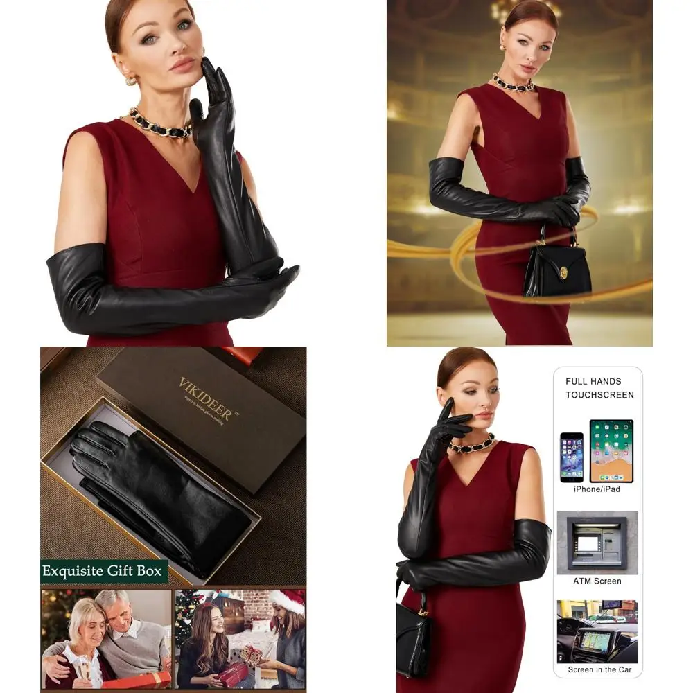 

Luxury Plush Lined Women's Full Touchscreen Leather Gloves, Soft and Warm for Evening Events, Arty Costumes, 23.6 Length