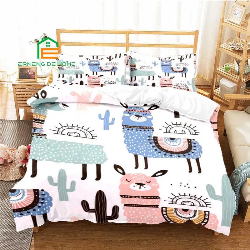 Cartoon Alpaca Pattern Duvet Cover Set Bedding for Aldult Kids Bed Set Game Quilt Cover Comforter Cover Bedding Set