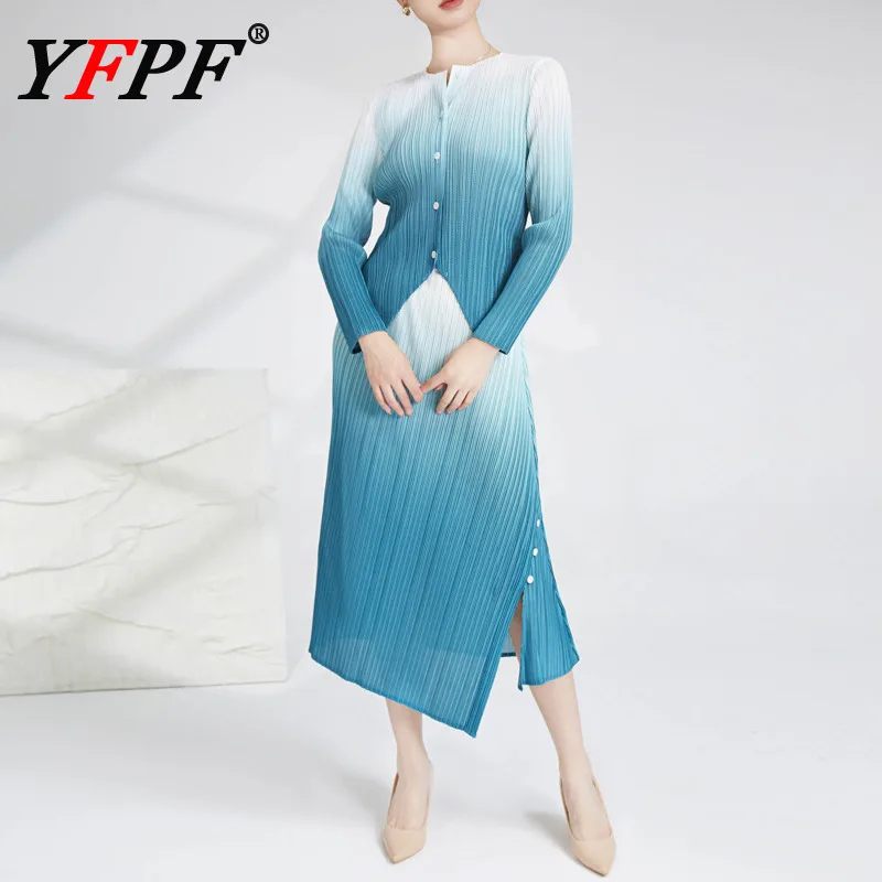 

YFPF Miyake Pleated Women Two Piece Set Fashion Gradient Long Sleeve Shirt + Button Split Design Skirt Elegant 2025 New Clothing