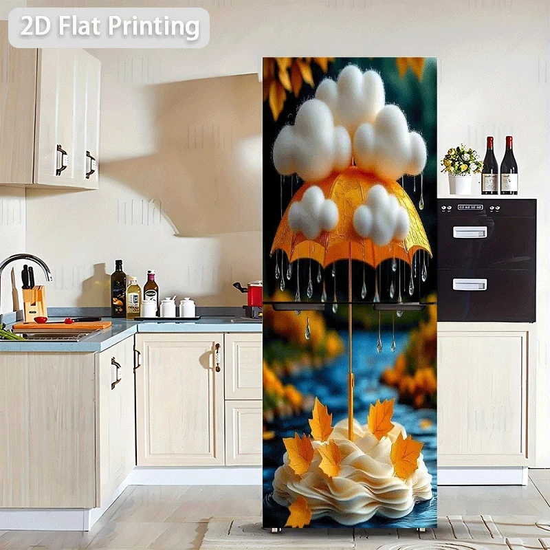 1pc 2D Pattern Printed Refrigerator Sticker | 59.99x180.01 cm Cloud and Autumn Leaf Umbrella Pattern, Self-Adhesive Wall Decor