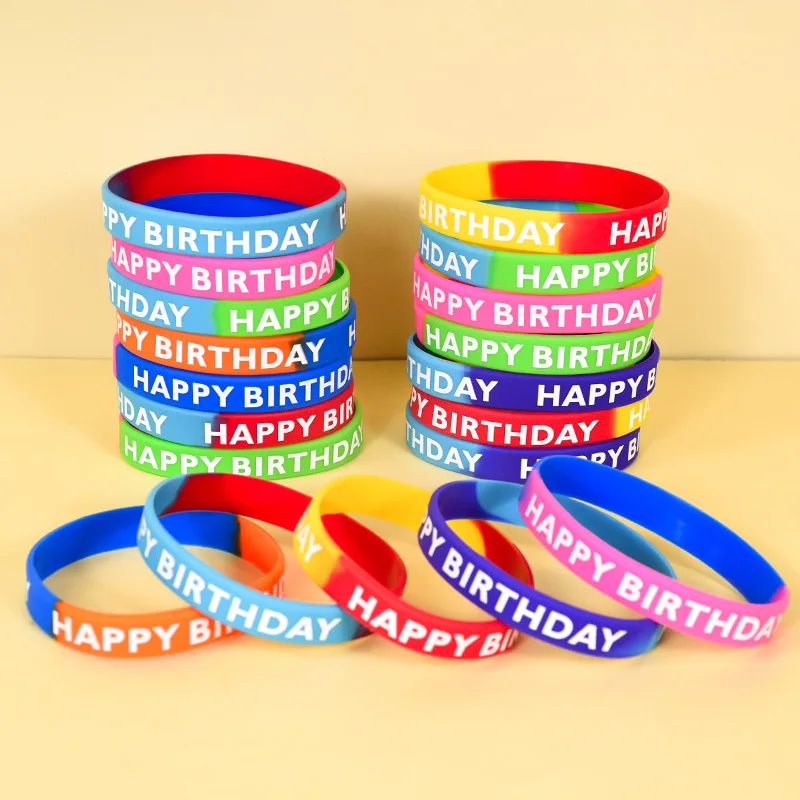

8PCS Happy Birthday Bracelets Colorful Silicone Stretch Wristband Carnival Prizes Kids Birthday Party Favor Gift Bag Fillers