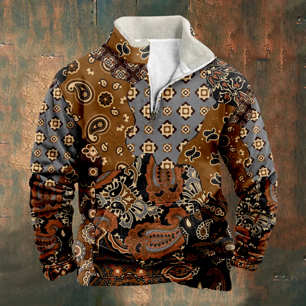 Patchwork Men's Sweatshirt Paisley Painting Sweatshirts Brown Long Sleeve Stand Collar Zipper Casual Pullovers