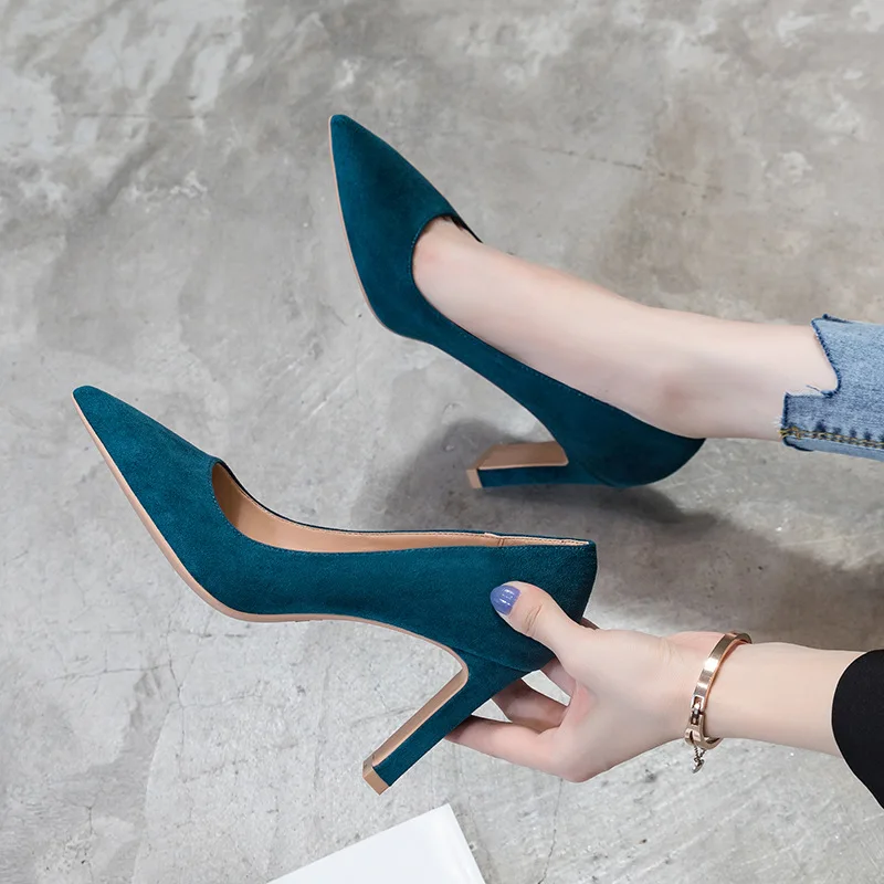 New Blue Black Flock Leather Shoes 7CM/9CM Thick High Heels Elegant Lady Slip On Women Pumps Pointed Toe Dancer Shoes B002