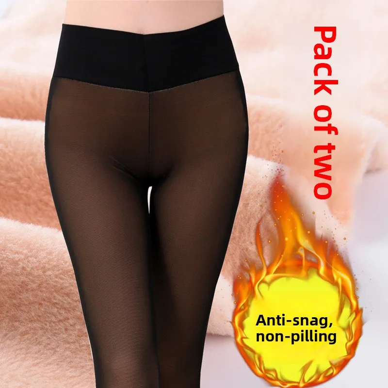 Thickened Fleece Lined High Waist Mesh Leggings Women's Autumn Winter Outerwear Breathable Warm Footwear Pants plus Size