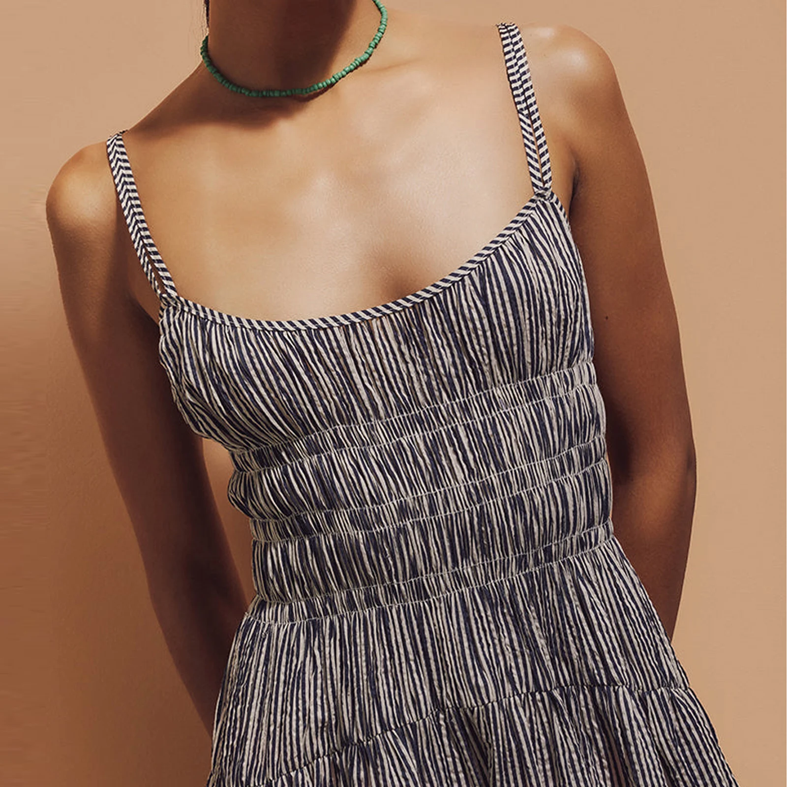 Women Fashion Cami Dress Stripe Spaghetti Straps Sleeveless Tie-Up Backless A-line Midi Dress