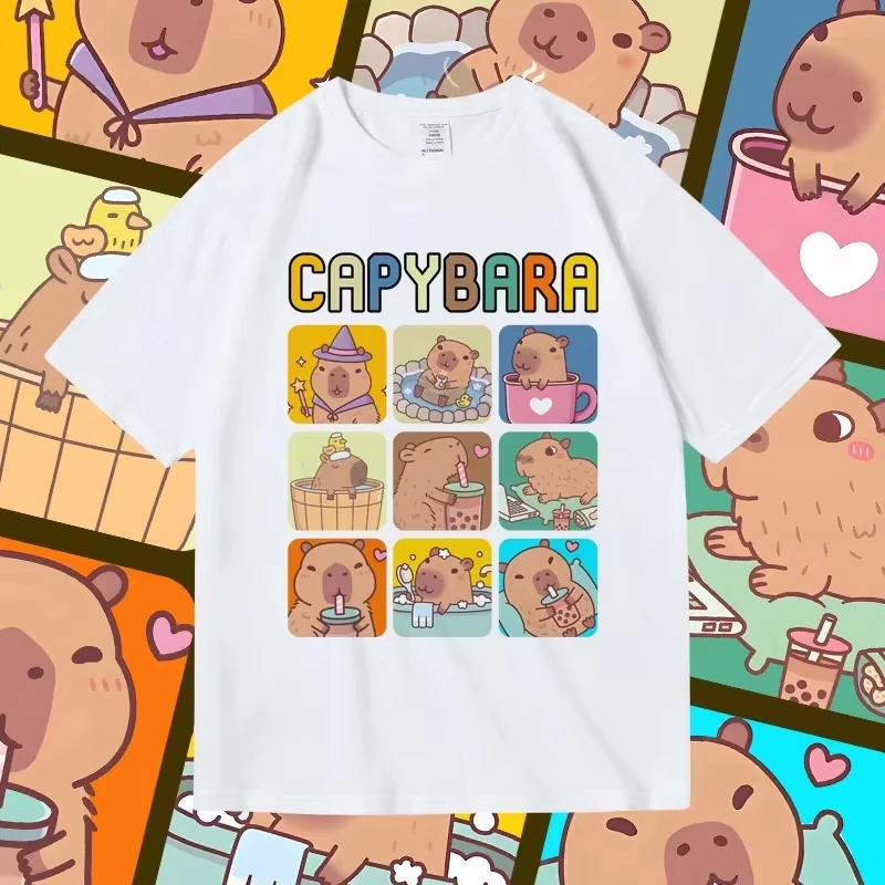 

2025 New Summer Children's Baby Clothes Half Sleeved Capybara Pattern Pure Cotton Children's Clothing Short Round Neck T-shirt