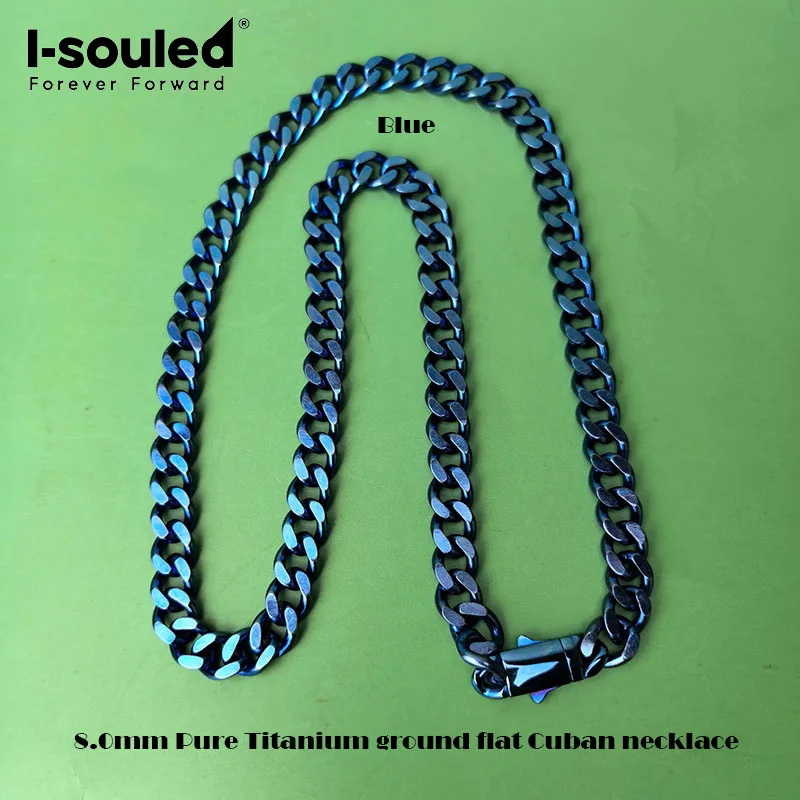 8mm Pure Titanium Cuban Link Chain Necklace For Men Silver Blue Flat Ground Miami Curb Choker Male Jewelry Gift 50-70cm