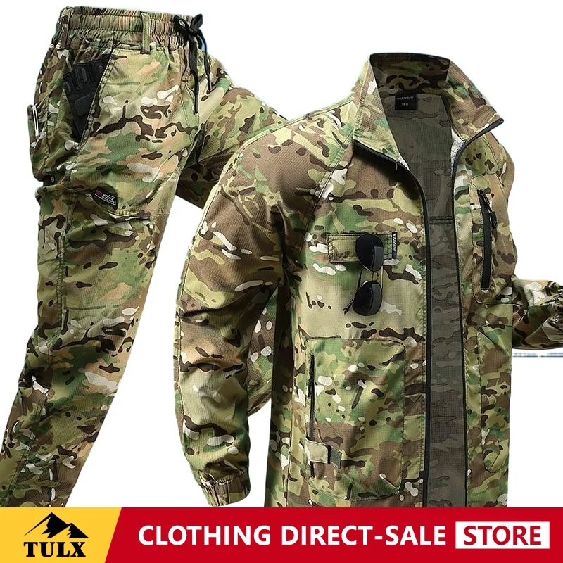 Summer Workwear Set Men Lightweight Mesh Elastic Quick Drying Camouflage Suit Wear-resistant Breathable Work Outdoor Workwear