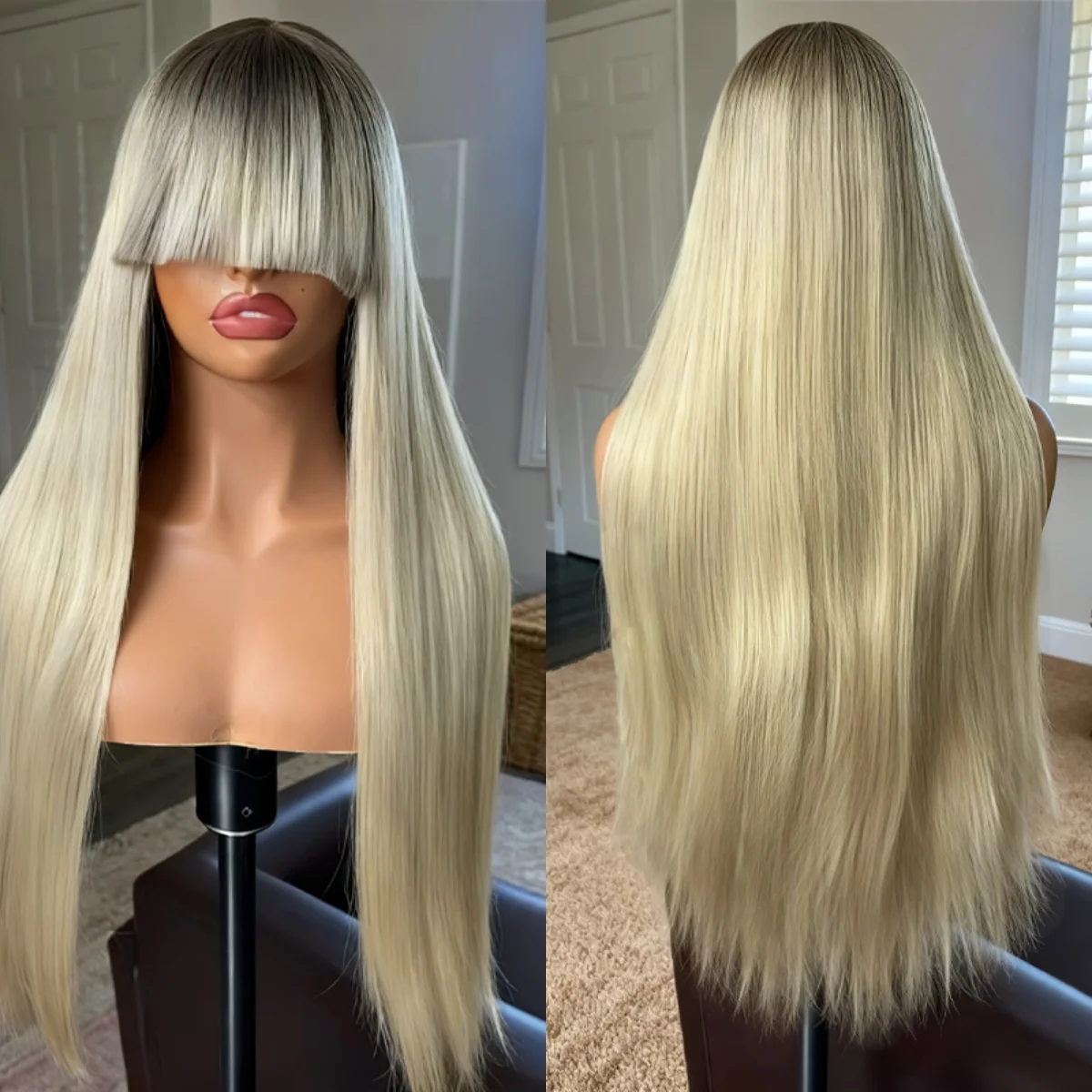 

Natural Straight Soft HD Invisible Lace Glueless Wigs Synthetic Hair New Style Ash Platinum Blonde High Density Lace Top Wigs