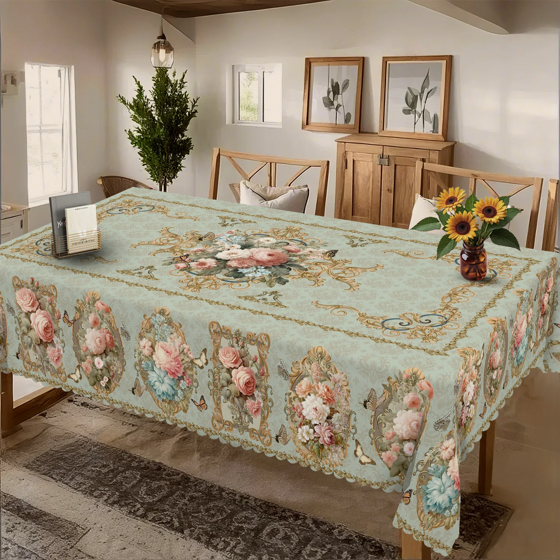 Elegant Floral Pattern Waterproof Tablecloth for Dining Room Home Decor Spill Proof Table Cover