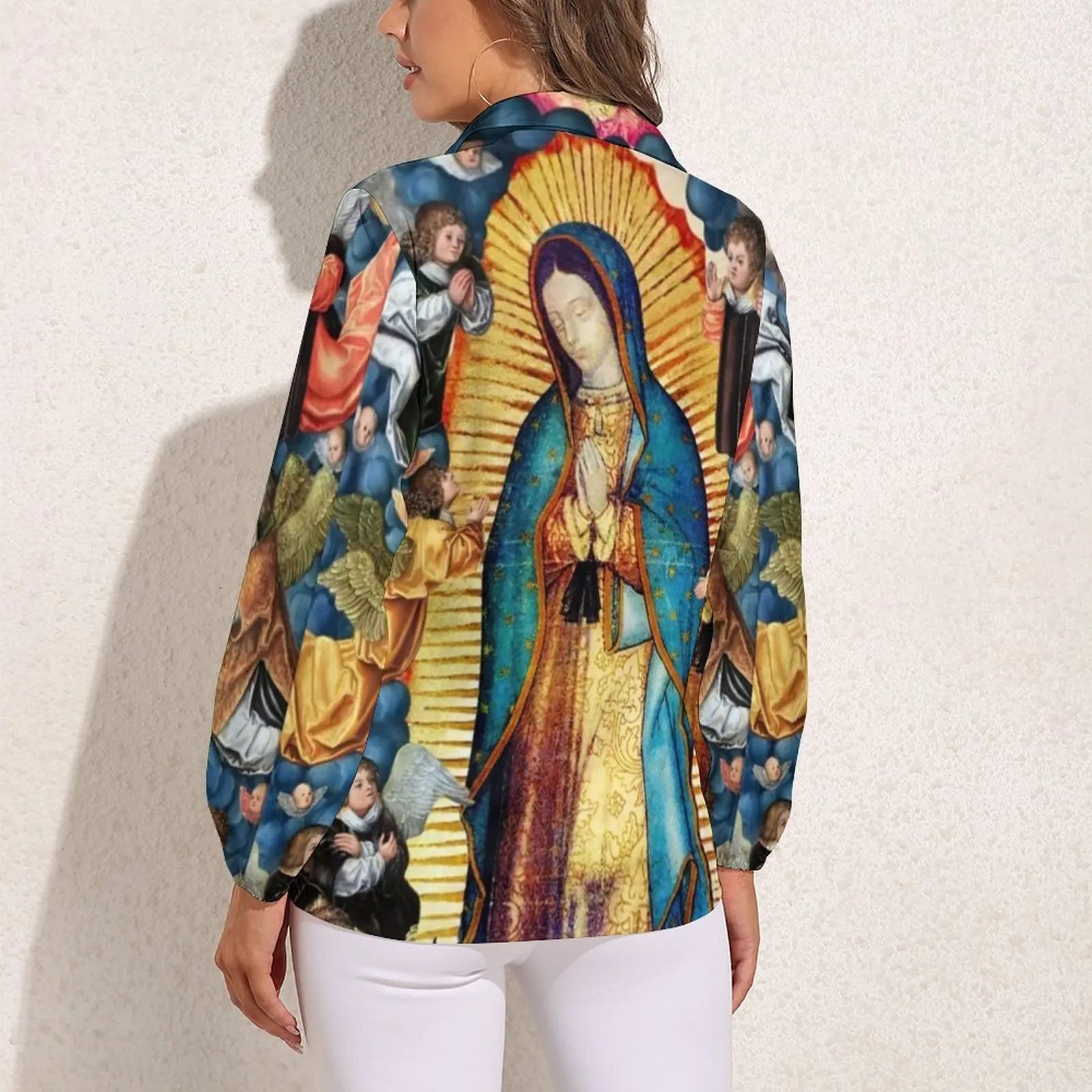 Virgin Mary And Angels Blouse Woman Our Lady of Guadalupe Street Wear Loose Blouses Long-Sleeve Retro Shirt Graphic Top Big Size