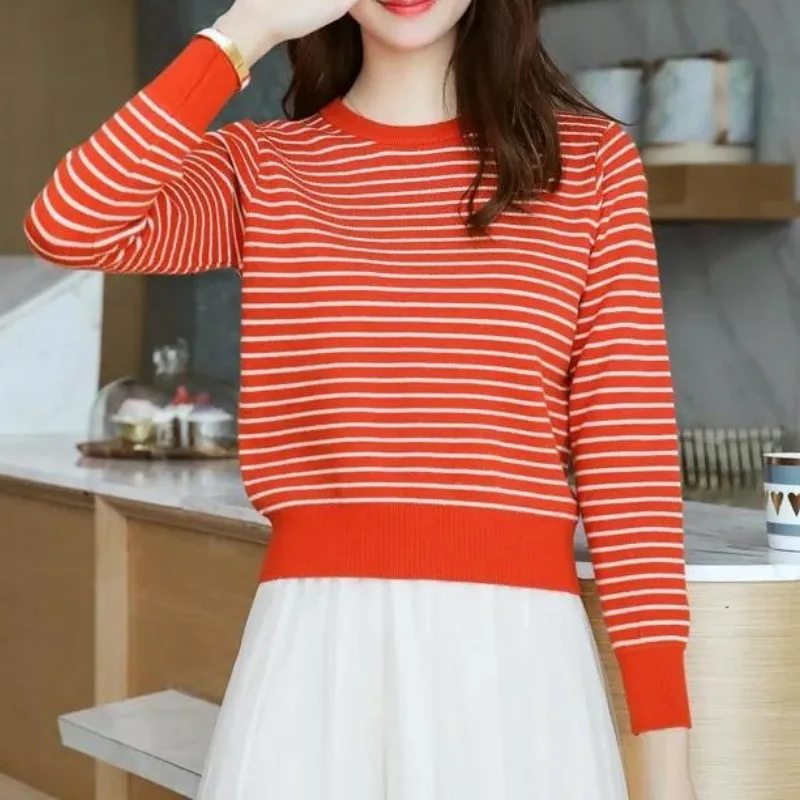 Women's Autumn Winter Pullover Round Neck Striped Solid Screw Thread Long Sleeve Sweater Knitted Undershirt Fashion Casual Tops
