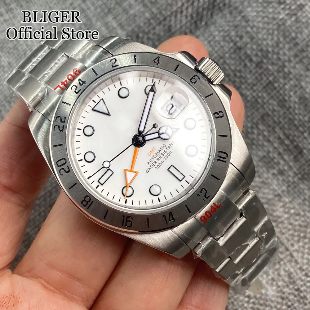 

Мужские механические часы BLIGER NH34 GMT, белый циферблат, сапфировое стекло, автоматические часы, нержавеющая сталь, Юбилейный ремешок, роскошные 2022