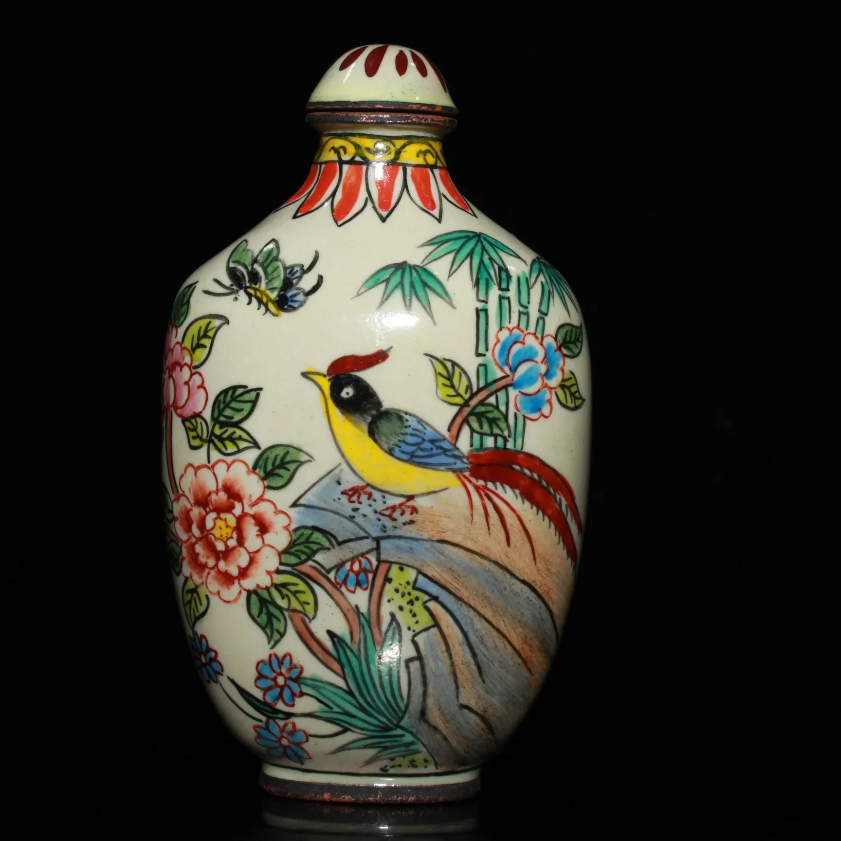 Collection Vintage art Chinese Cloisonne Painting Flowers and Birds Magpie Snuff Bottle Decoration