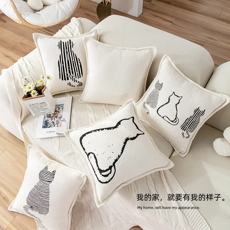 Nordic Cute Cat Print Cushion Cover Abstract Plush Pillow Case Autumn Decoration Home Living Room Bay Window Sofa Pillowcase