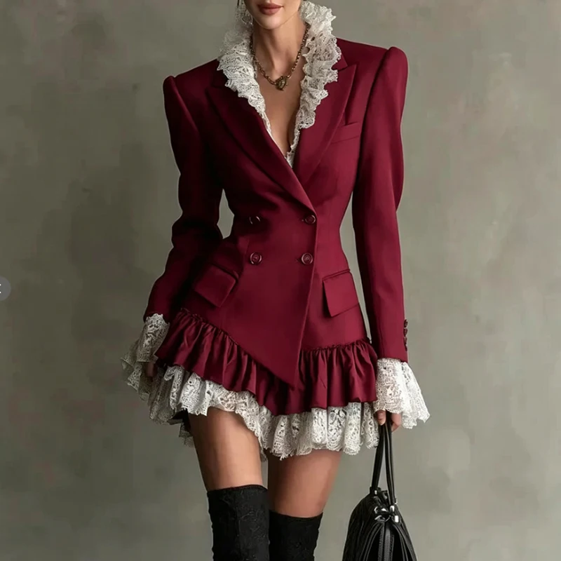 Temperament Lapel Slim Office Commuting Dress Elegant Lace Splice A-Line Dress Casual Solid Double Breasted Color Blocking Dress
