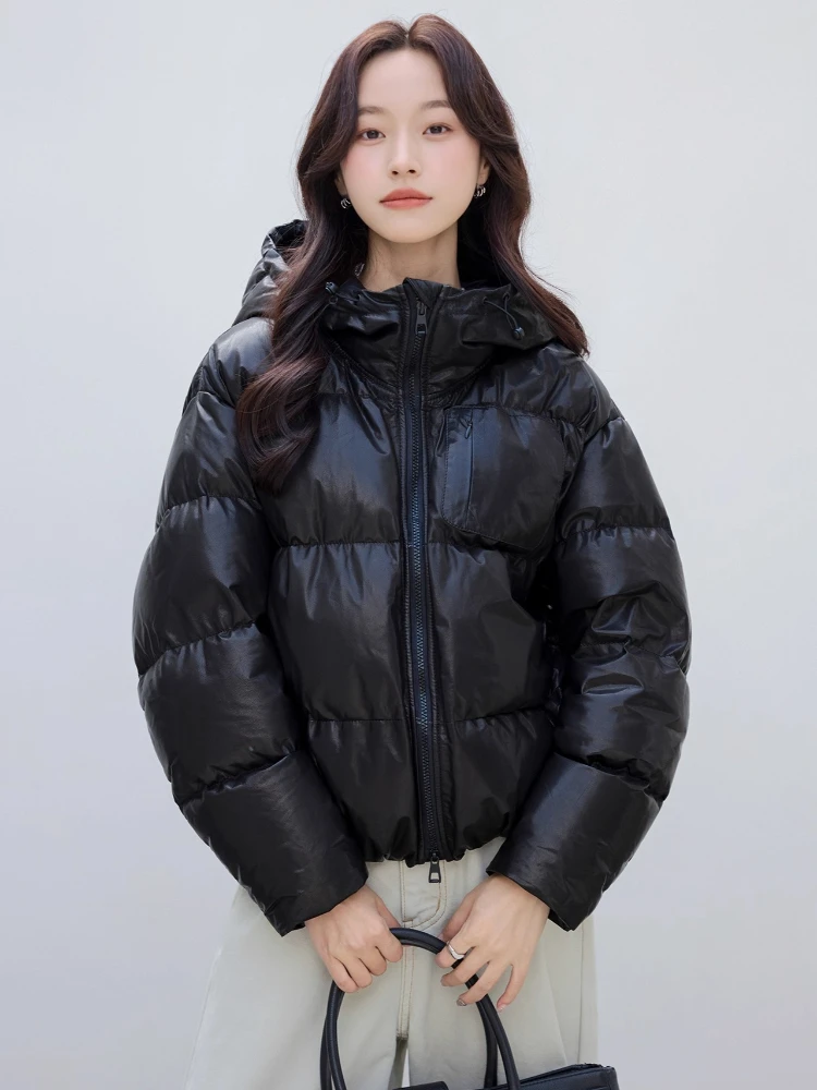 여성용 짧은 후드 진짜 가죽 구스 다운 재킷 2025년 신상 고급 심플한 플러피 따뜻한 겨울 리얼 염소가죽 다운 코트