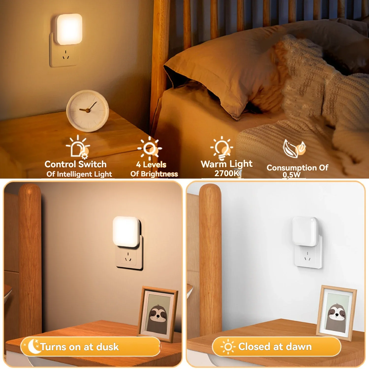1pc/2pcs Lights By Night Dimmable LED Night Light, Plug-in, Dusk to Dawn Sensor, Adjustable, Compact, 4 Settings, Ambient Light