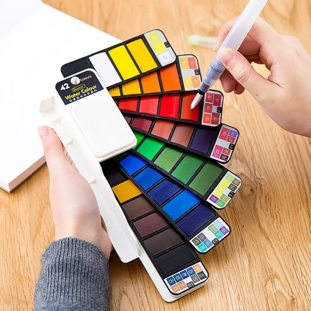 Portable Folding Watercolor Paint Set with Water Brush Pen 18/24/36/42 Colors Watercolor Pigment Solid Oil Painting Kit Students
