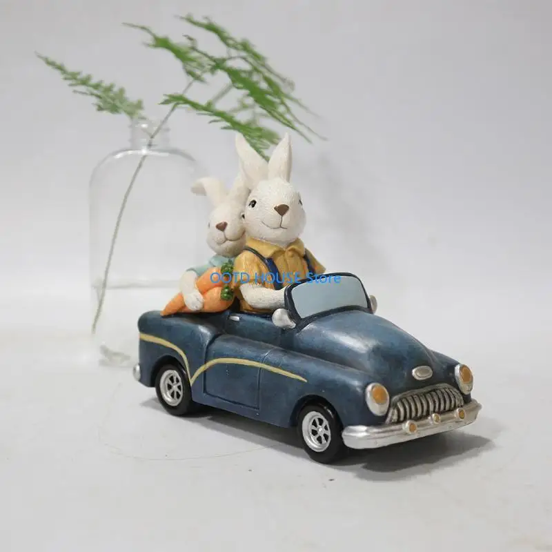 

103A Easter Decoration Car Bunny Rabbit Statue Ornaments Vintage Figurine Resin Craft