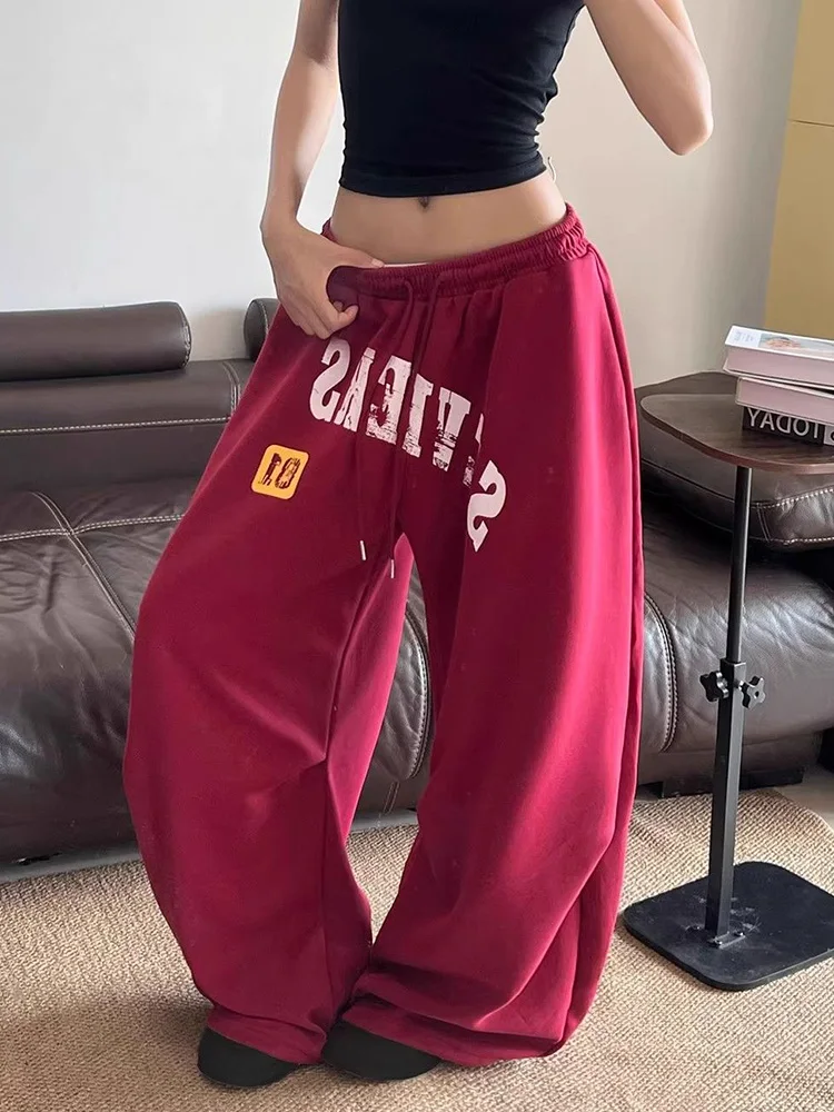 

Рождественские красные американские спортивные штаны с буквами, женские винтажные уличные повседневные брюки в стиле хип-хоп с высокой талией, свободные брюки Bf Harajuku, новые