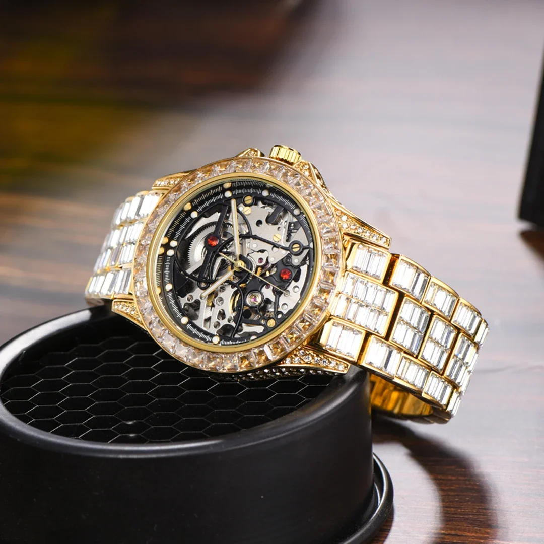 Iced Out Watch for Men Fully AAA Diamond Around Mechanical Mens Watches Skeleton Tourbillon Automatic Wristwatch Gold Relogio