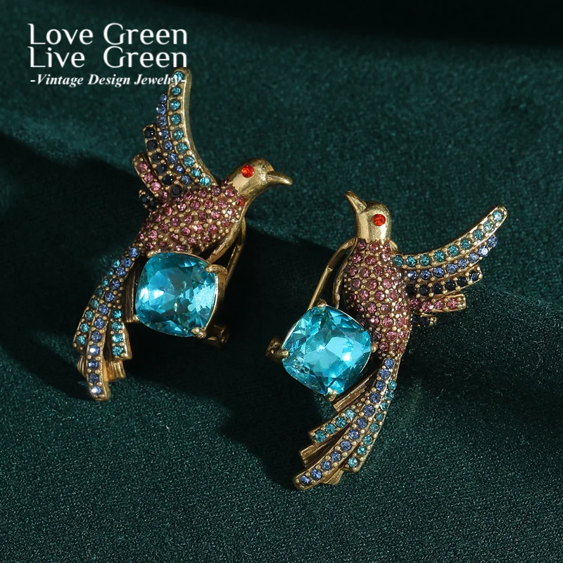 

Vintage Blue Crystal Stud Earrings Phoenix Glass Bird Jewelry Rhinestone Gold Color Engagement Party Wedding 2025 Trending New