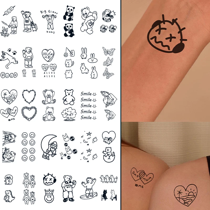 

30pcs New Line Cartoon Design Temporary Tattoo Stickers Black Bunny Bear Cute Panda Art Tattoos Personality Girl Tattoo Stickers